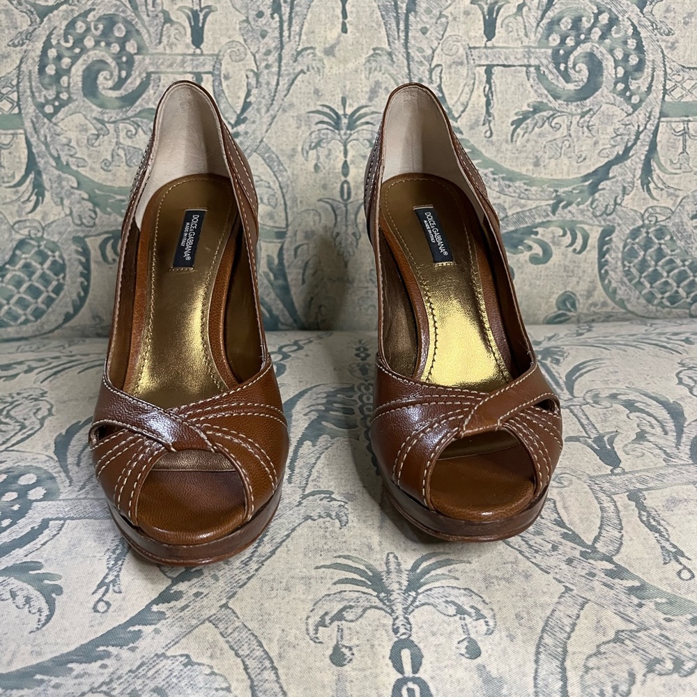Brown Leather Peep-Toe Heels